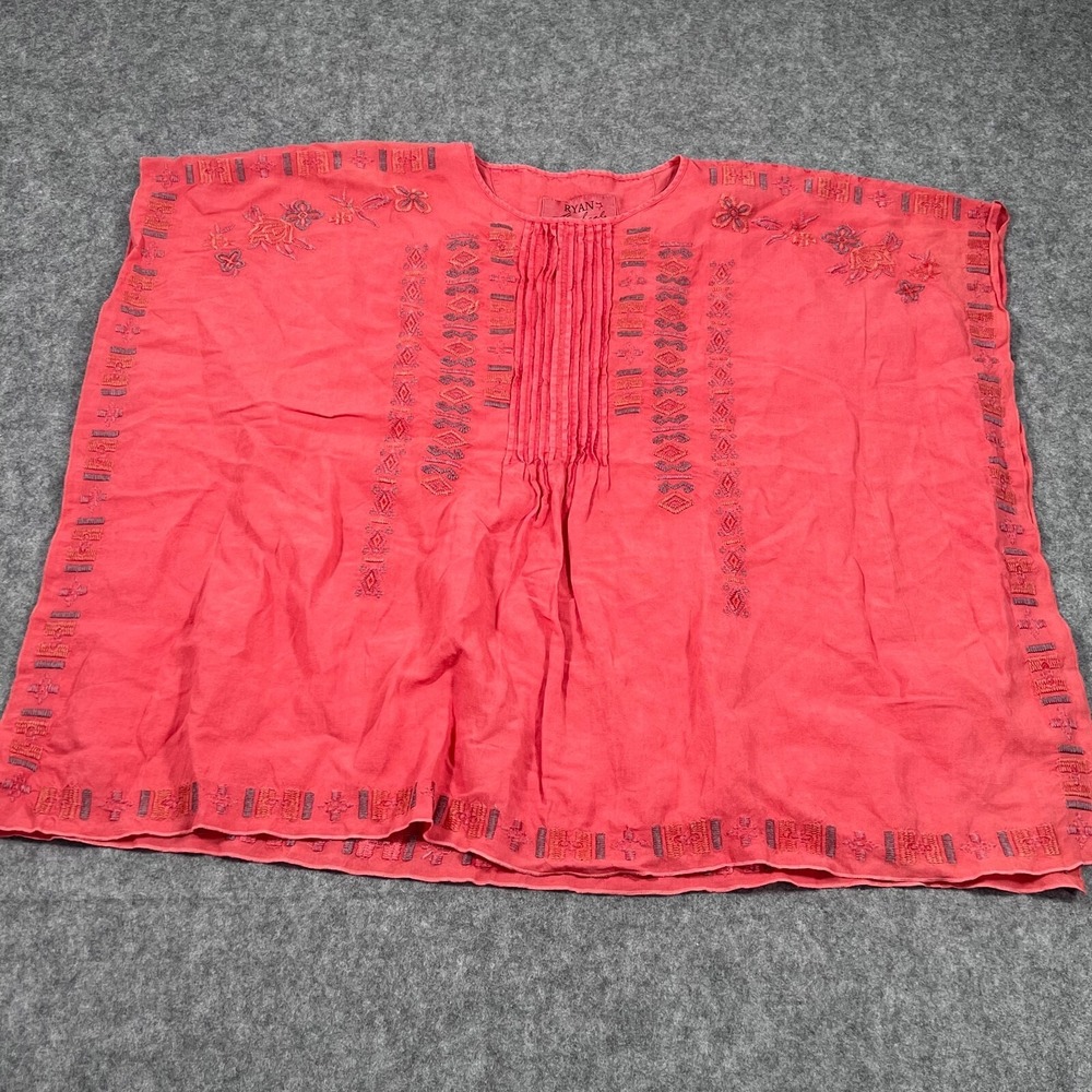 Ryan Michael Linen Fiesta Red Embroidered Poncho Blouse‎ Women's Size Small